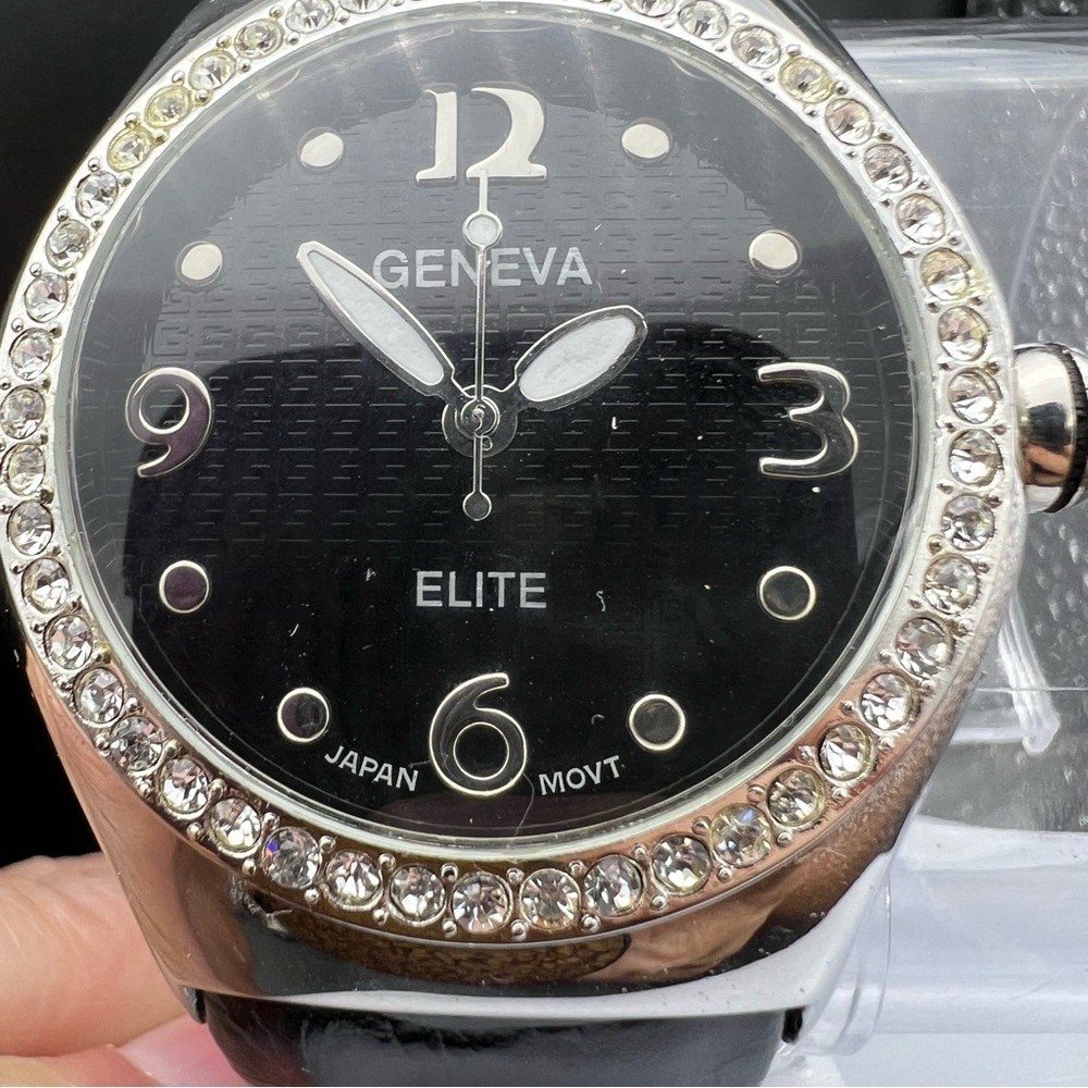 Geneva Elite Watch w/Rhinestone Black Cuff Band Movement Quartz *Needs Battery*